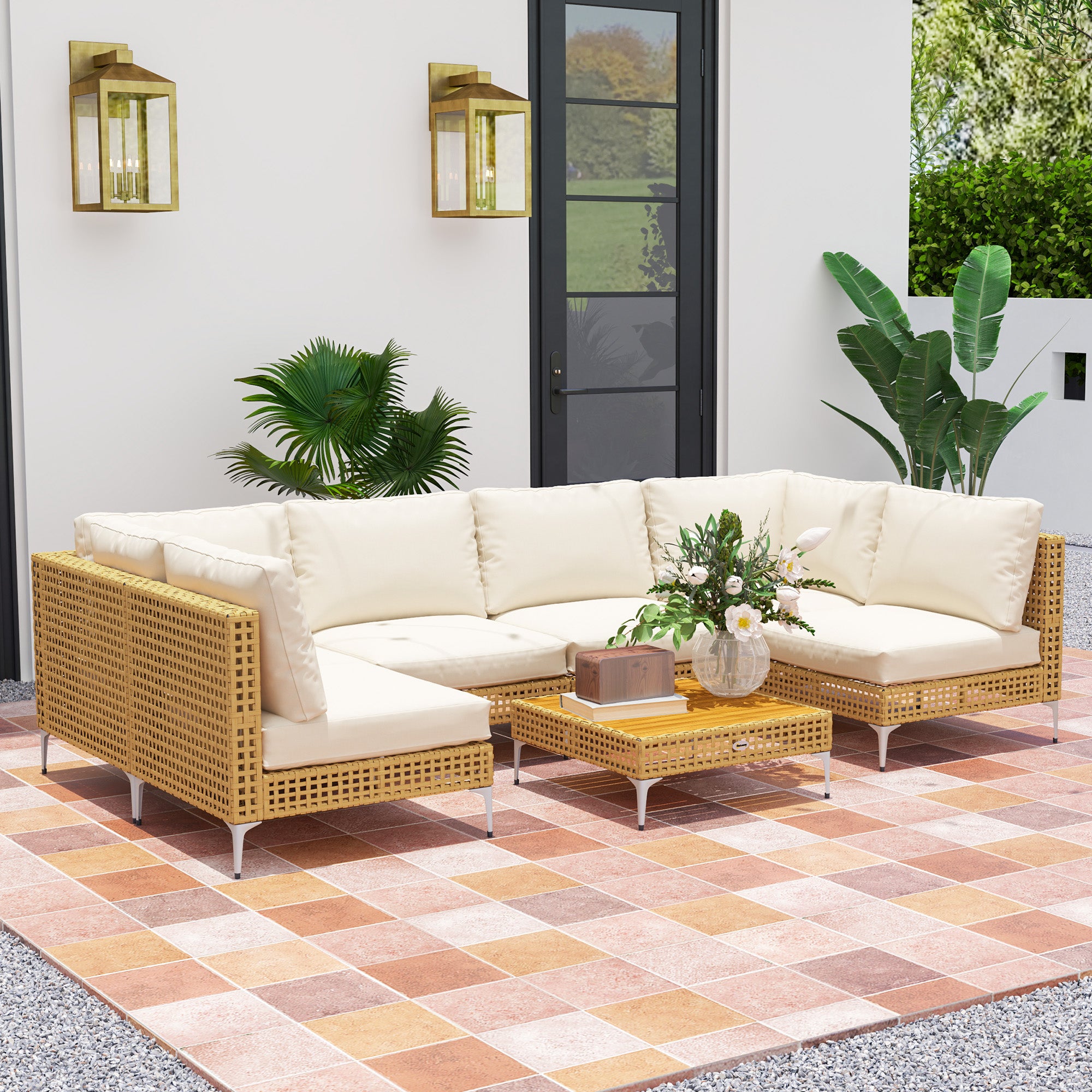 Wicker Patio Furniture Set 7-Piece Khaki Beige