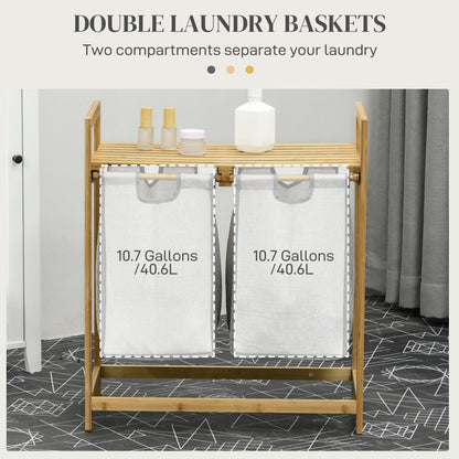 Bamboo Laundry Basket, Double Laundry Hamper with Shelf, 2 Pull-Out and Removable Bags, Natural Wood and Dark Gray