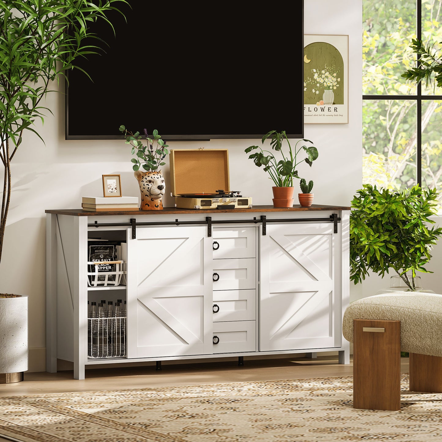 60 Buffet Cabinet, Farmhouse Sideboard With Sliding Barn Doors, Drawers And Adjustable Shelves, Distressed Cream White