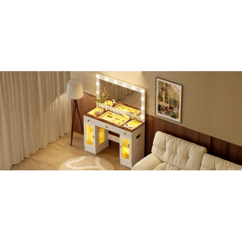 43.3 Vanity Desk With Large Mirror And Hollywood Bulbs, Modern Glass Top Makeup Vanity With Drawers And Power Outlet, Large Dressing Table With 3 Color Lighting Modes & RGB Cabinets For Bedroom