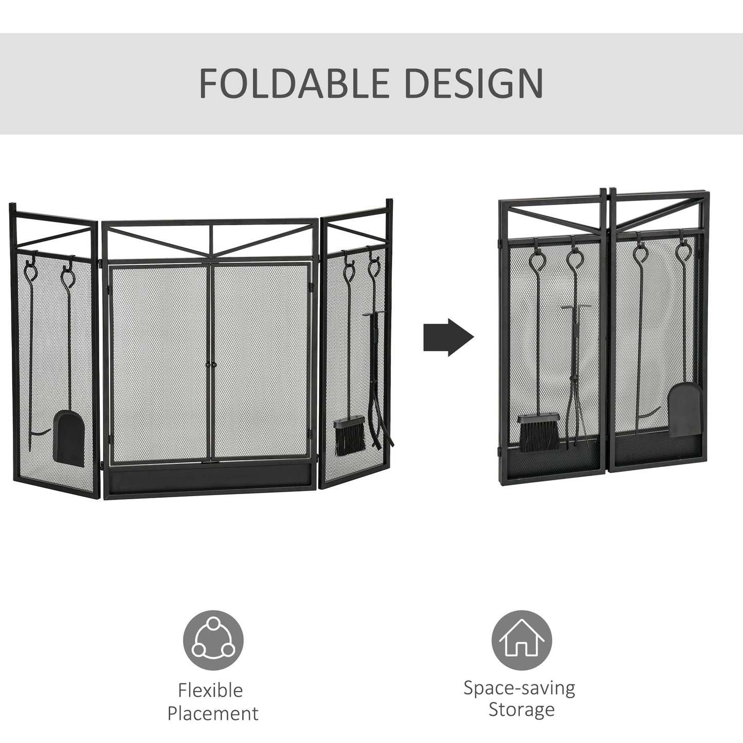 3-Panel Folding Fireplace Screen with 2 Magnetic Doors and Fire Place Tools Set