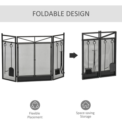 3-Panel Folding Fireplace Screen with 2 Magnetic Doors and Fire Place Tools Set