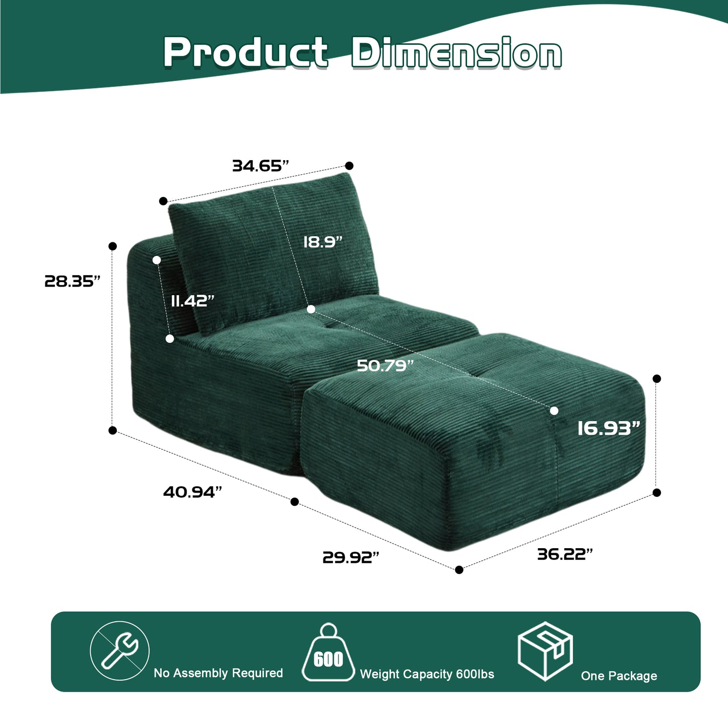 Modern Memory Foam Compressed Sofa,Single Chaise Longue For Living Room,Pet-Friendly Cloud Modular Sectional Sofa,Corduroy Fabric,Movable Ottoman,No Assembly Required,Green