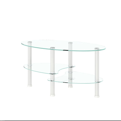 Transparent Oval Glass Coffee Table, Modern 3-Layer With Stainless Steel Leg