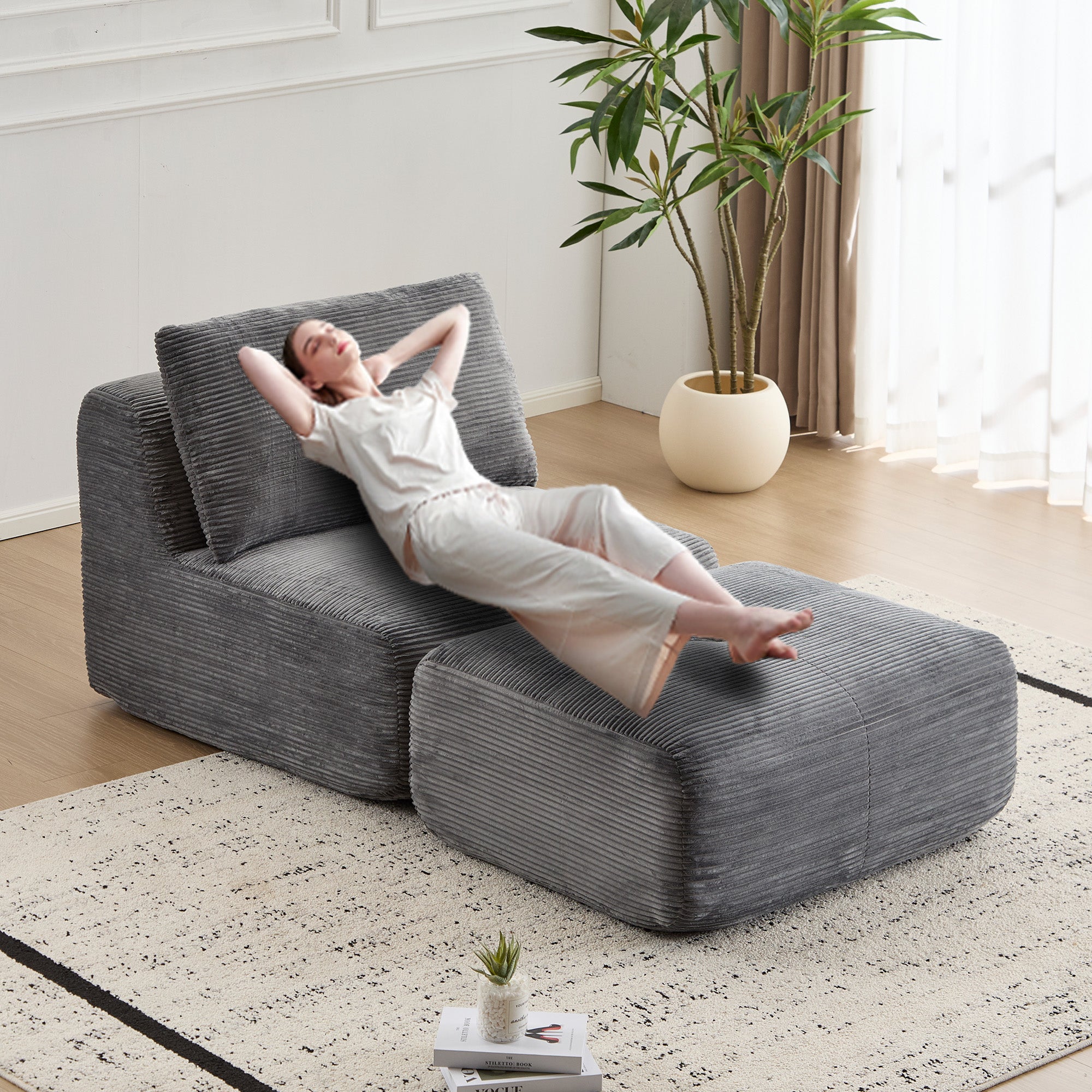 Grey Corduroy Sectional Sofa Modular Memory Foam