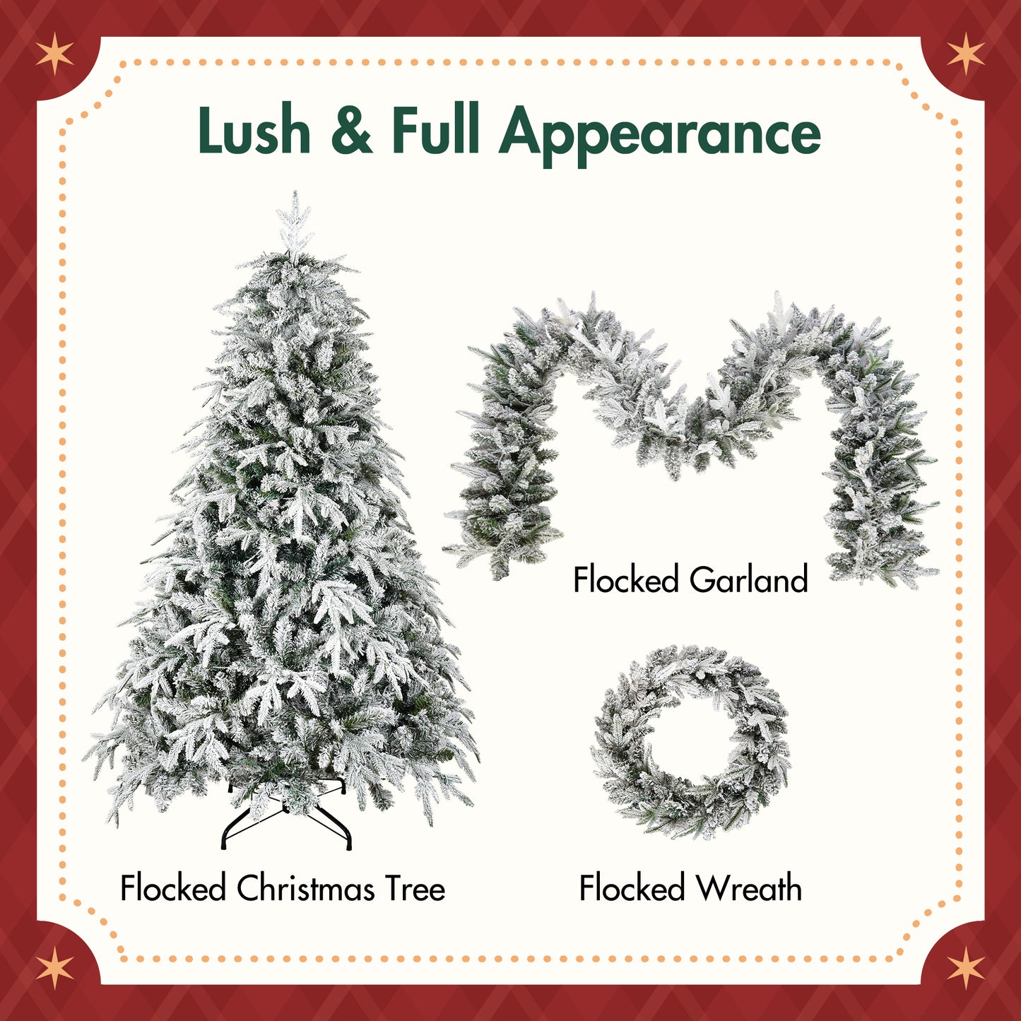 Christmas Snow Flocked Wreath With Xmas Snow Garland And Snow Xmas Tree, 3 Pac Snowy Flocked Christmas Decor With Warm LED Lights, 9ft Flocked Garland, Flocked Wreath, 6ft Flocked Tree