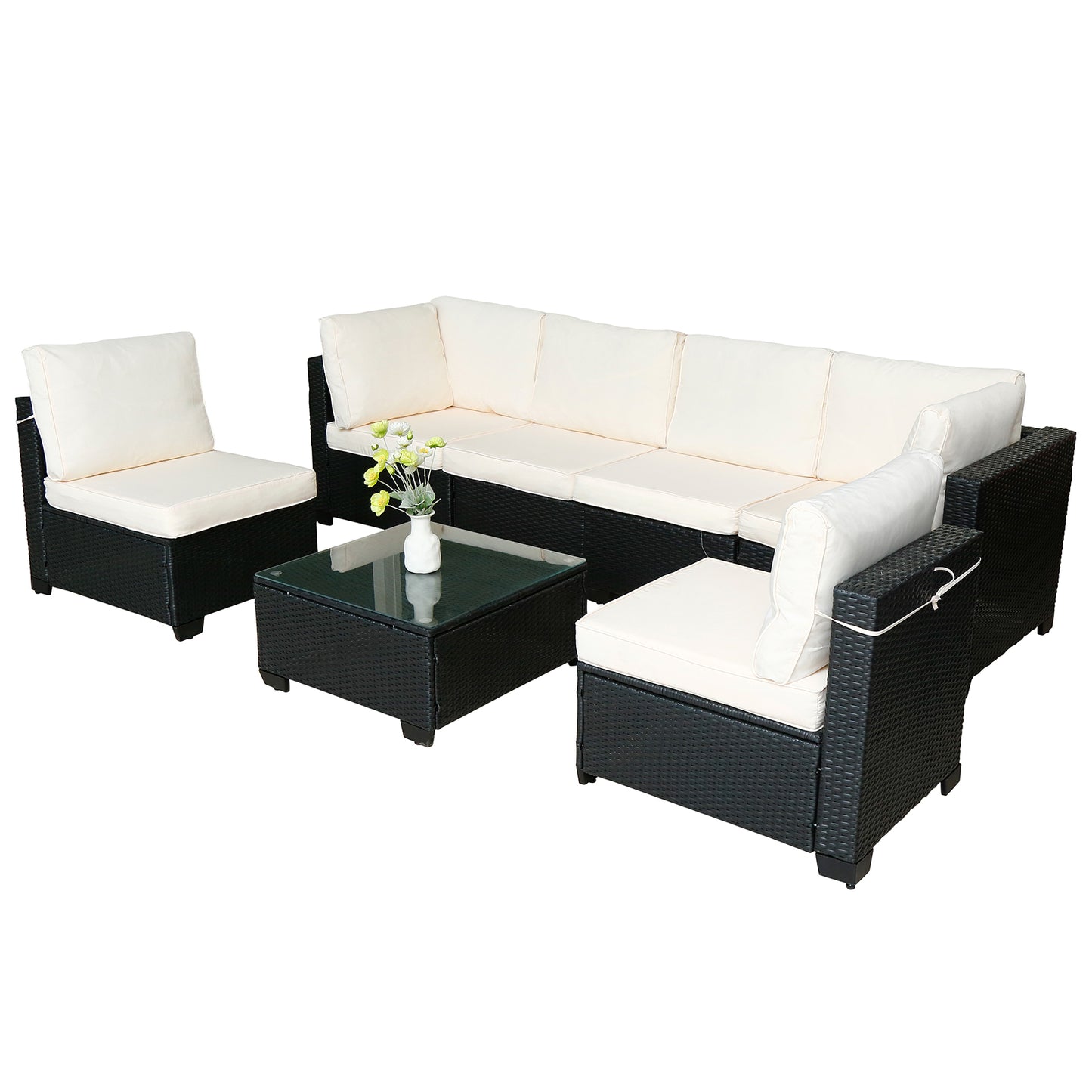 Hot Selling Seven-Piece Sofa Set Table With Sofa Chair Black PE Rattan Outdoor New Design Furniture 7-JH002 Box 3-1-2-3 With White Color Cushion