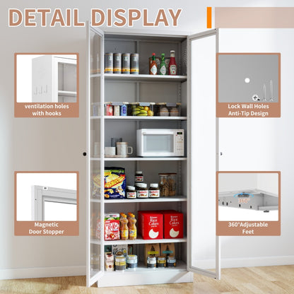 Metal Kitchen Pantry Cabinet -  Tall Storage With 5 Adjustable Shelves, White Freestanding Cabinet For Kitchen Pantry Bathroom