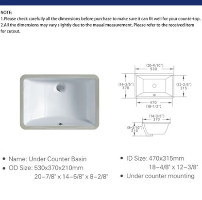 Bathroom Undermount Basin, White Rectangular Bathroom Undermount Basin, Ceramic Undermount Wash Basin.