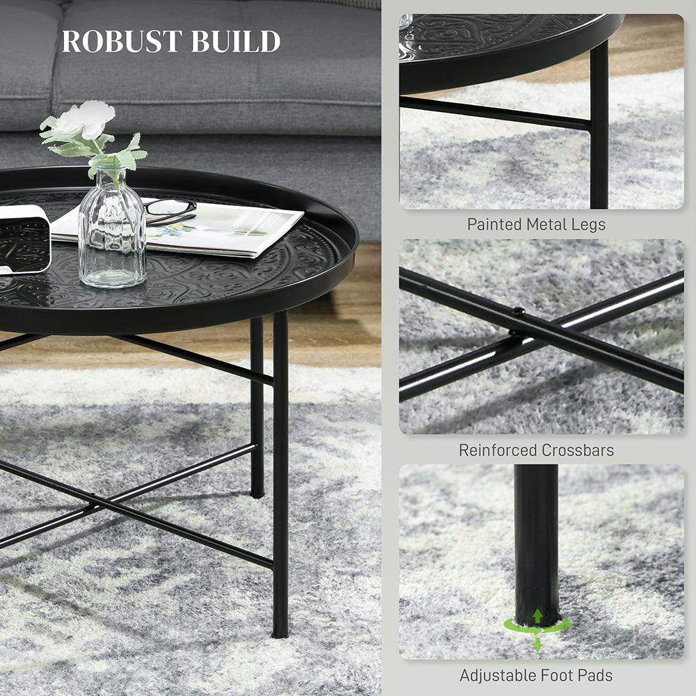 Coffee Table For Living Room, 24inch Round Center Table With Hammered Tray Top And Metal Frame For Bedroom, Black