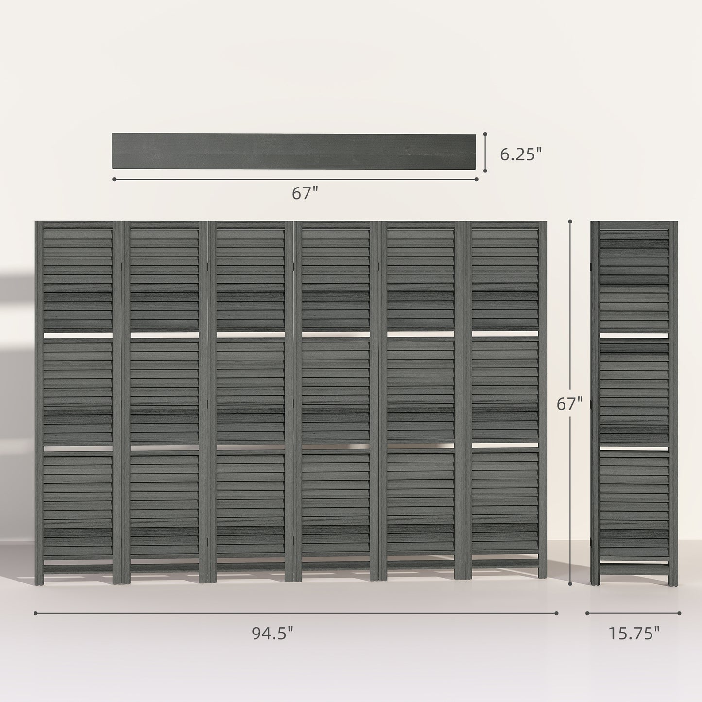 6 Panel 67" Tall Wood Privacy Screen Room Divider with 3 Shelves and Folding Storage for Bedroom, Gray