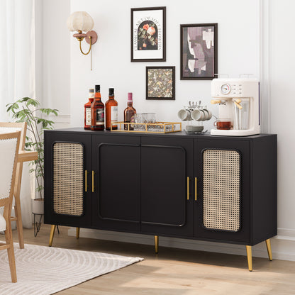 59.84 Vintage Four-Door Cabinet, Plastic Rattan, Suitable For Living Room, Dining Room, Bedroom Black