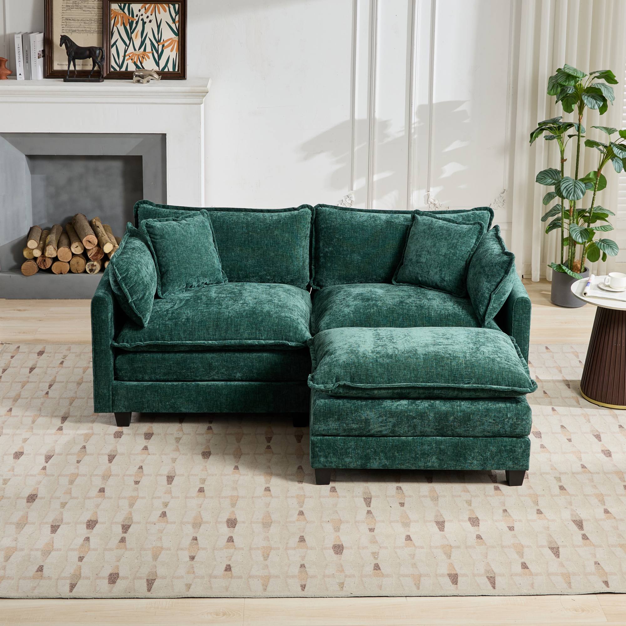Green Chenille Double Sofa Double-Layer Cushions