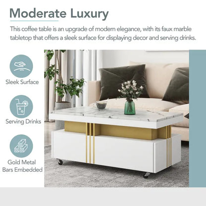 VIDEO Provided ON-TREND Contemporary Coffee Table With Faux Marble Top, Rectangle Cocktail Table With Caster Wheels, Moderate Luxury Center Table With Gold Metal Bars For Living Room, White