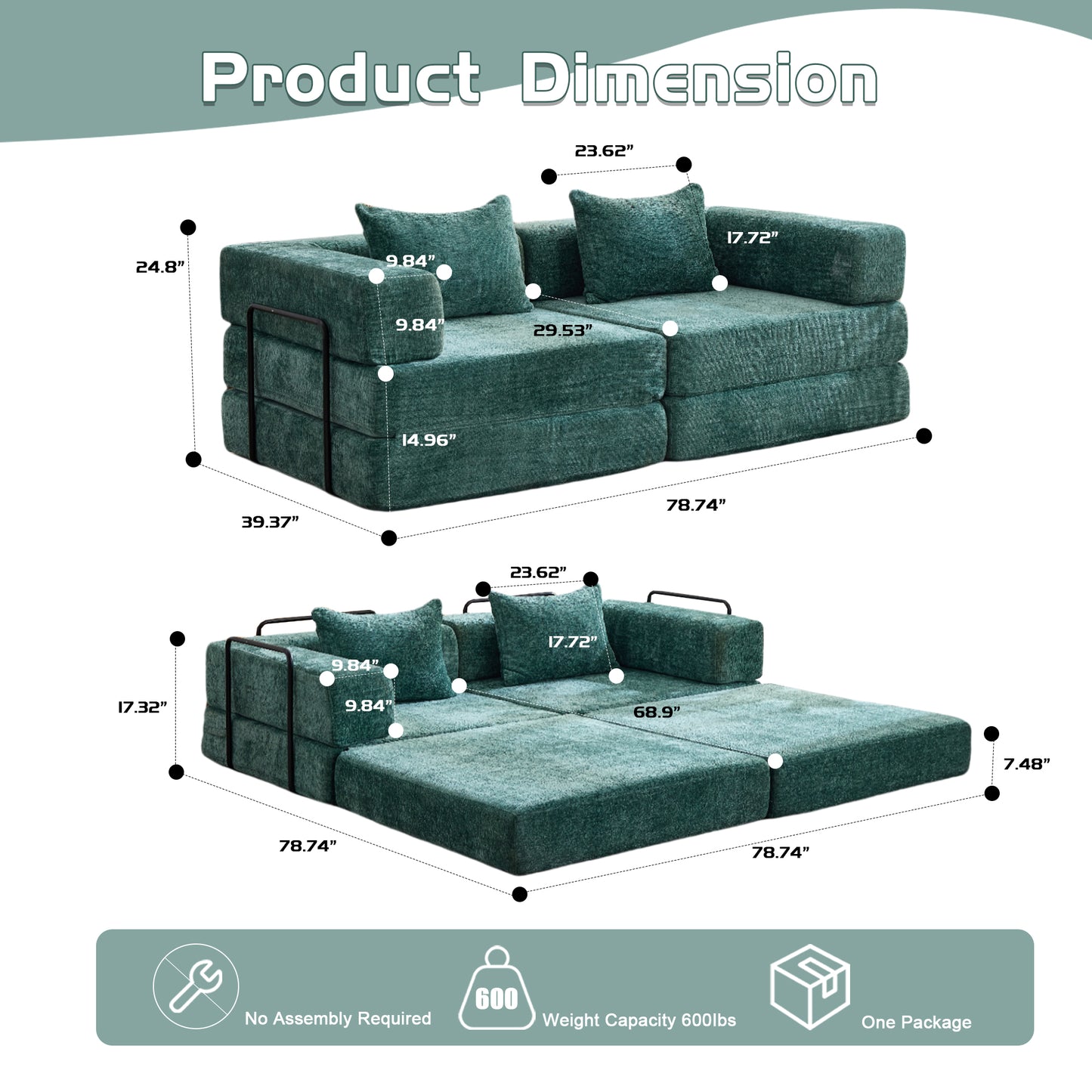 Compression Sofa,Convertible Floor Sofa Bed With Fixed-Shape Frame, Loveseats Boneless Modular Sectional Sofa,No Assembly Required,Chenille Fabric,for Living Room Bedroom,Dark Green