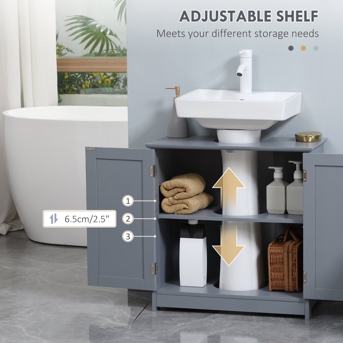 Under Sink Bathroom Cabinet, Pedestal Sink Storage Cabinet with 2 Doors, Shelf and U-Shape, Gray