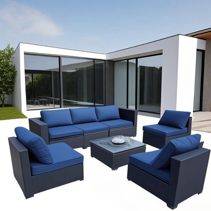 Seven-Piece Sofa Set Table With Sofa Chair Black PE Rattan Outdoor Furniture 7-JH001 Box 3-1-2-3 With Blue Color Cushion