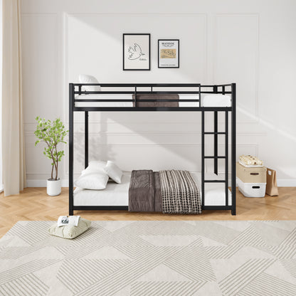 Twin Over Twin Metal Bunk Bed, Low Bunk Bed With Ladder, Bed Frame,Black, Sturdy Steel Construction, Safe Design, Easy Assembly, 250lb Upper Bed Capacity, 350lb Lower Bed Capacity