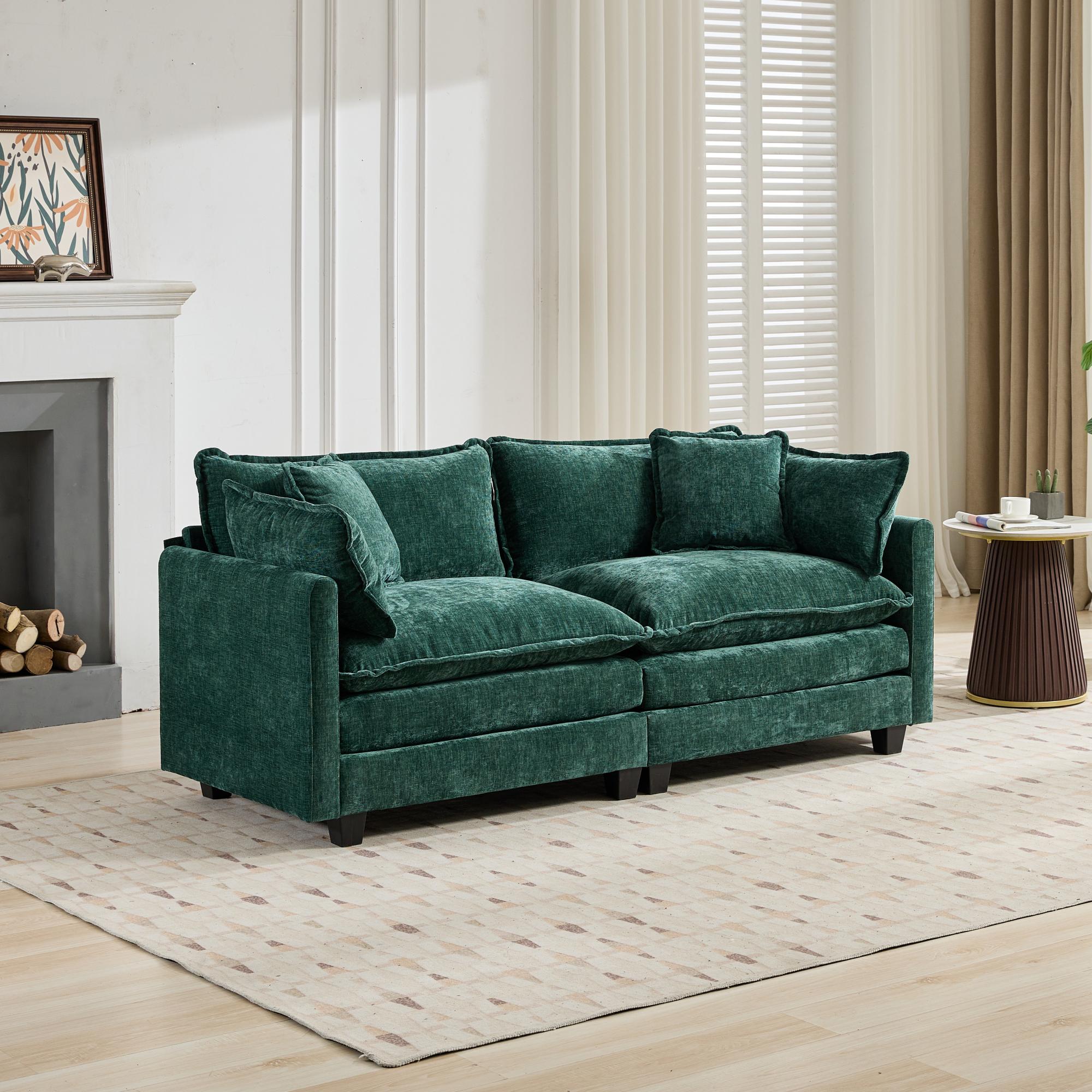Green Chenille Double Sofa Double-Layer Cushions