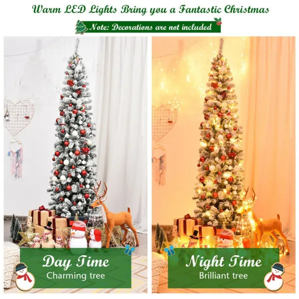 7.5ft Snow Flocked Pencil Christmas Tree - 641 Branch Tips, 350 Warm LED Lights, PVC+Metal