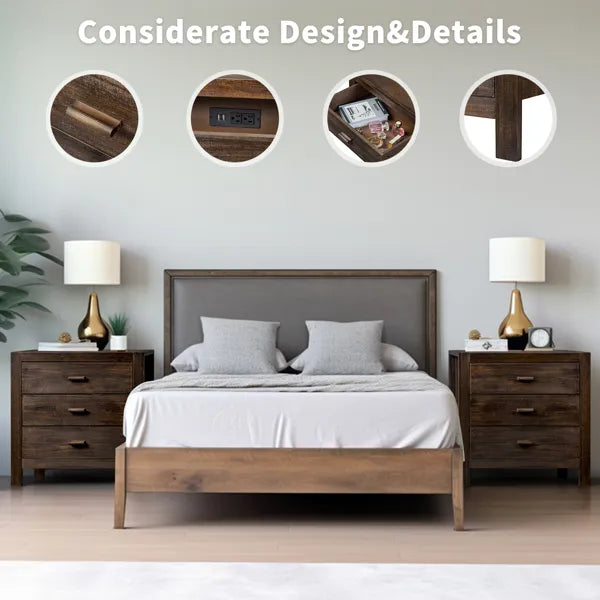 Wood Nightstand End Side Table With 3 Drawer For Living Room, Bedroom