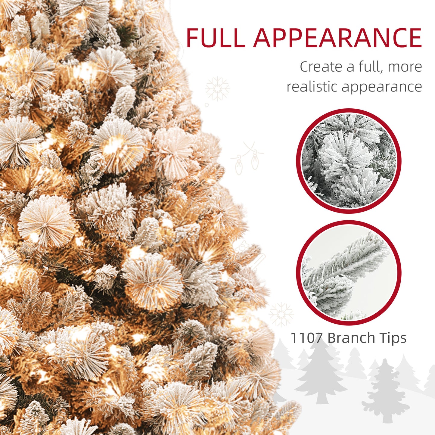 HOMCOM 6.5 Ft Pre-Lit Artificial Christmas Tree With 350 Clear Lights And 1107 Tips, Snow Flocked Christmas Tree With Metal Stand, Hinged Xmas Tree For Home Office Holiday, Green