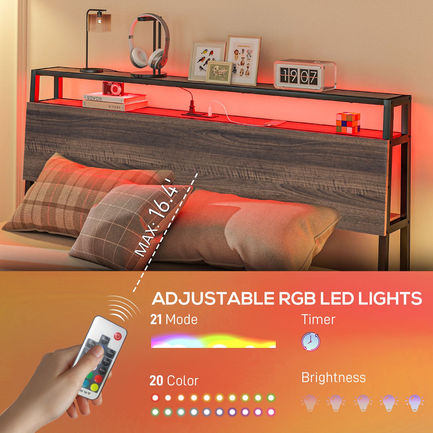 Queen Size Bed Frame with LED Lights and Charging Station