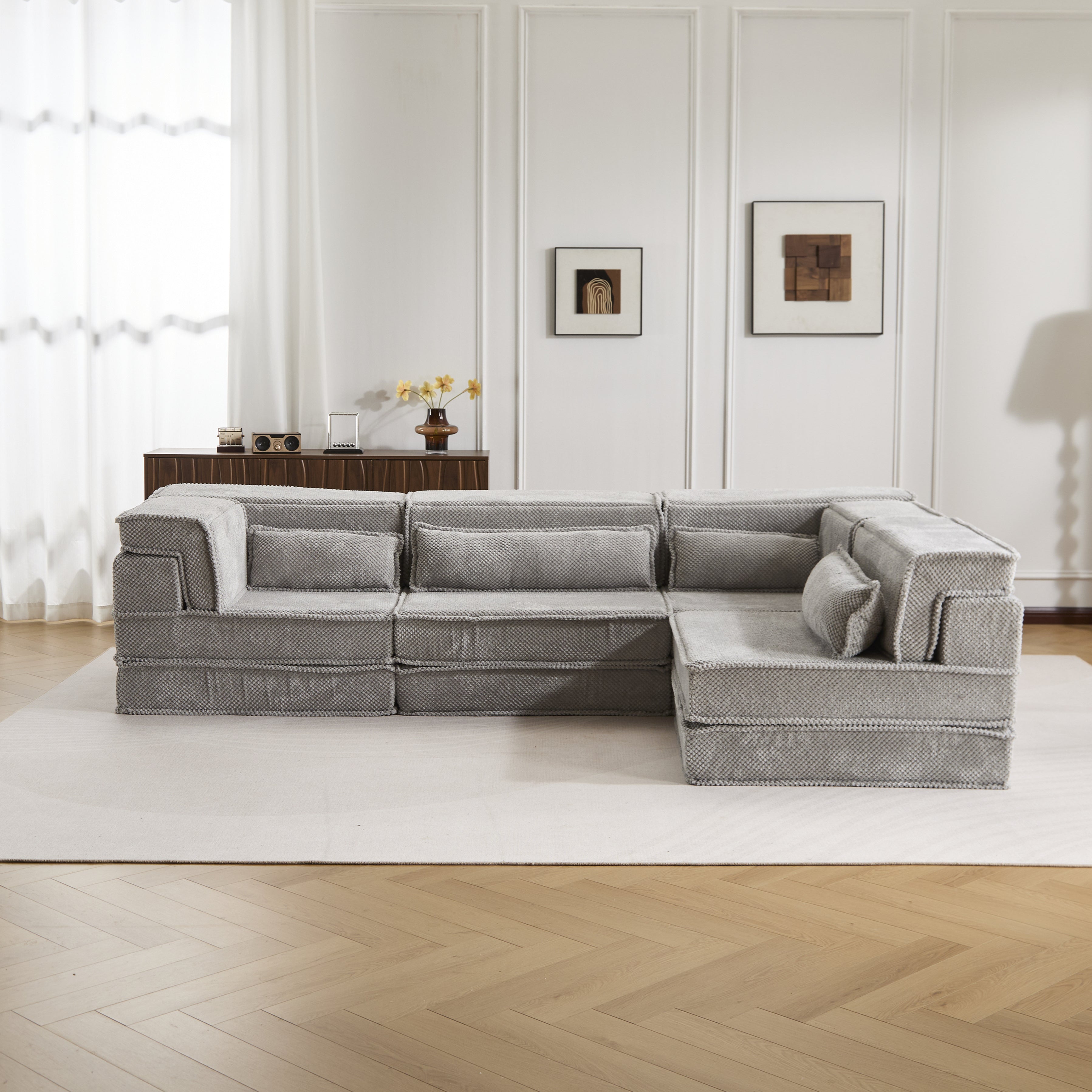 Light Grey Sectional Sofa Flexible Layout Fleece