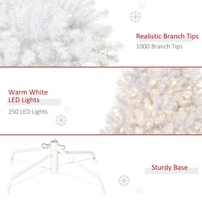 HOMCOM 6' Tall Prelit Christmas Tree Douglas Fir Artificial Christmas Tree With Realistic Branches, 250 Warm White LED Lights And 1000 Tips, White
