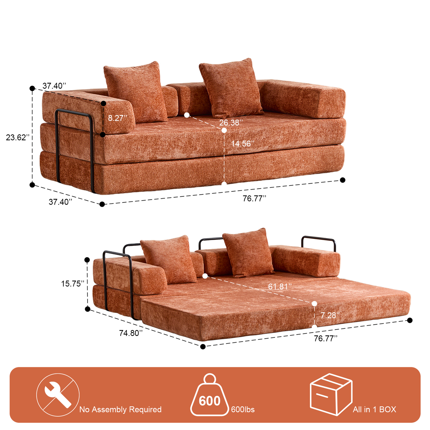 Floor Couch,Compression Sofa,Convertible Floor Sofa Bed-with Pillow Back Support Armrest,Comfy Futon Couch Lounge Sleeper Bed,chenille Fabric,for Living Room Bedroom Orange