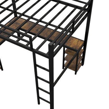 Full XL Metal Loft Bed With Desk And Shelves, Loft Bed With Ladder And Guardrails, Loft Bed Frame For Bedroom, Black