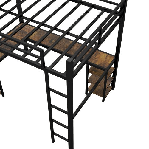 Black Metal Loft Bed With Desk And Shelves
