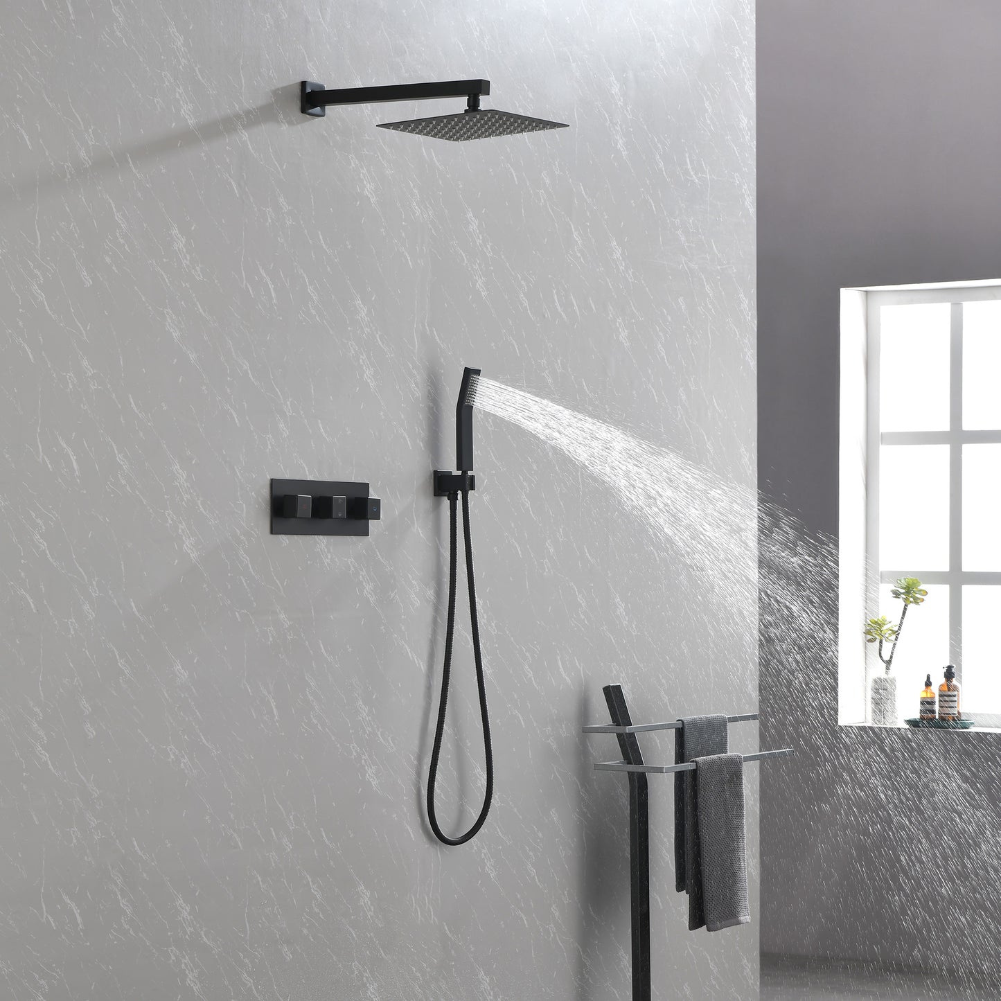 Brass Matte Black Shower Faucet With Shower System,10 Inch Shower Head And Handheld Spray Bathroom Combination