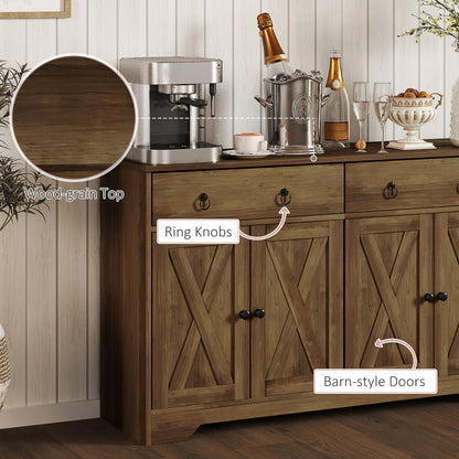 Kitchen Storage Sideboard, Farmhouse Buffet Cabinet With Barn Style Doors, Drawers, Adjustable Shelves, Light Brown