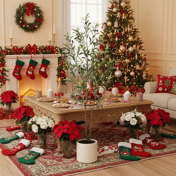 5ft Artificial Christmas Tree With White Planter Natural Fake Tree Indoor Holiday Decor Easy Care Artificial Fir For Home Festive Display Gift For Christmas No Maintenance Tree FBA Shipment