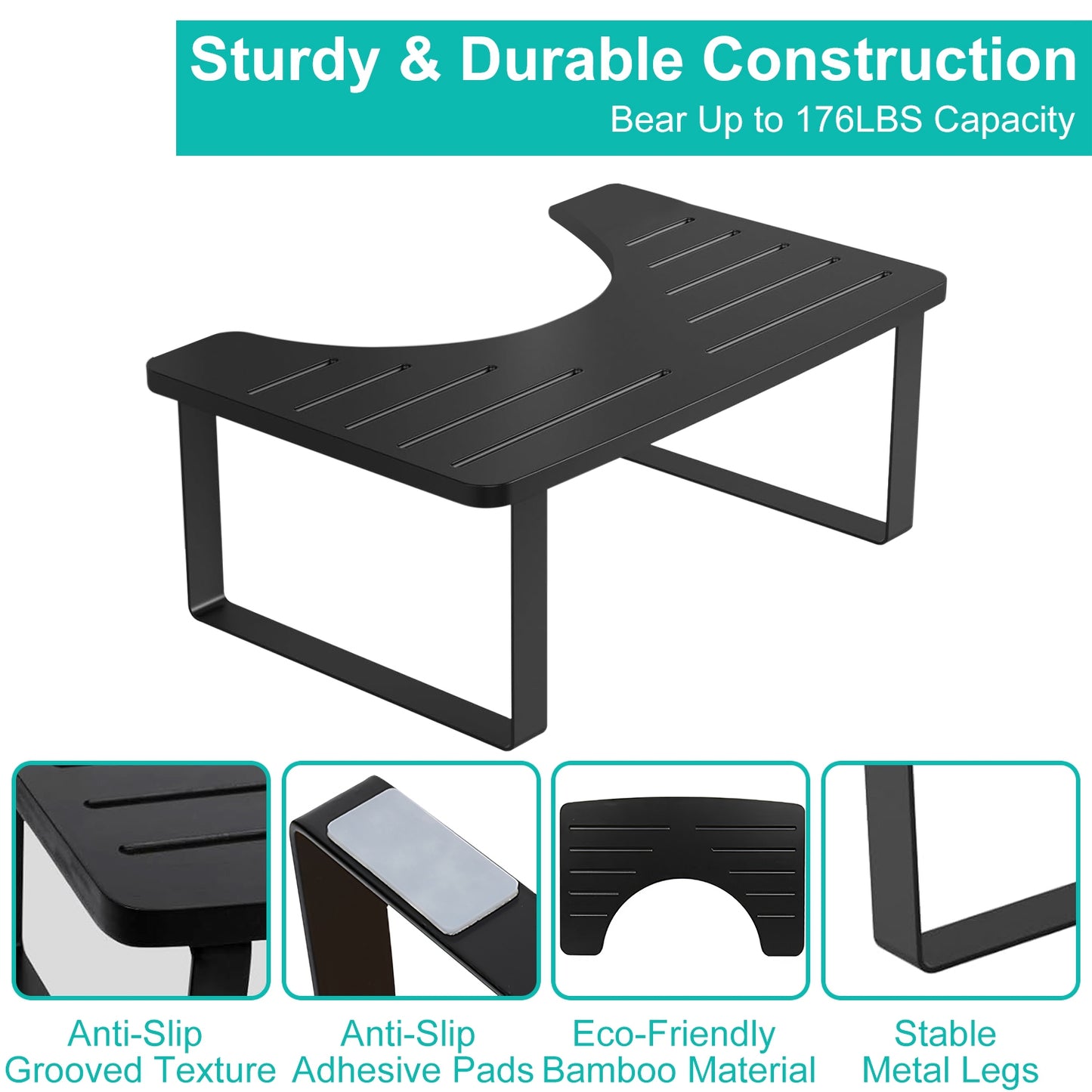 1Pc Wooden Metal Potty Stool  6.69in In Bathroom Toilet Stool For Children Rustproof Anti-Slip Poop Stool Black