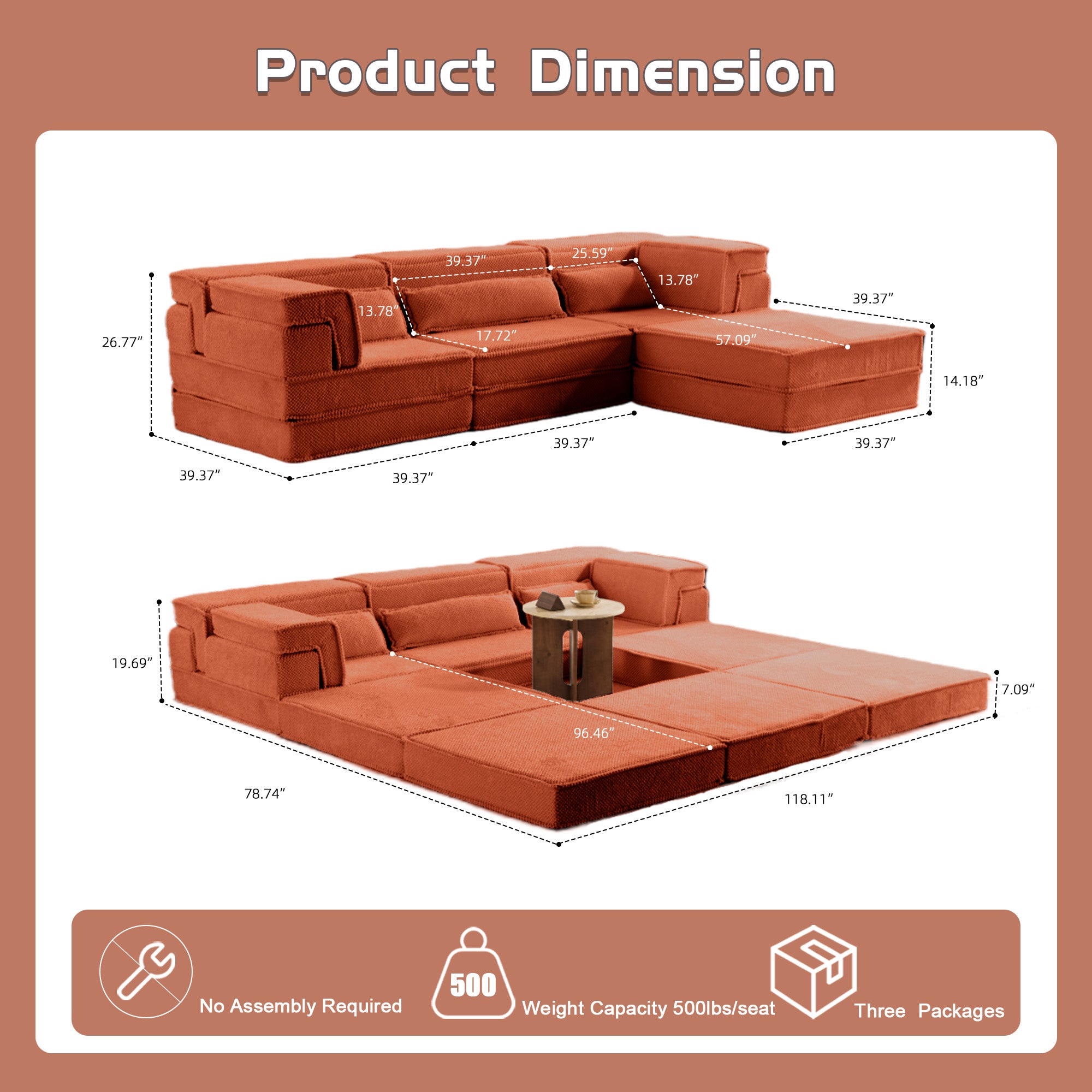 Orange Modular Sofa Ottoman