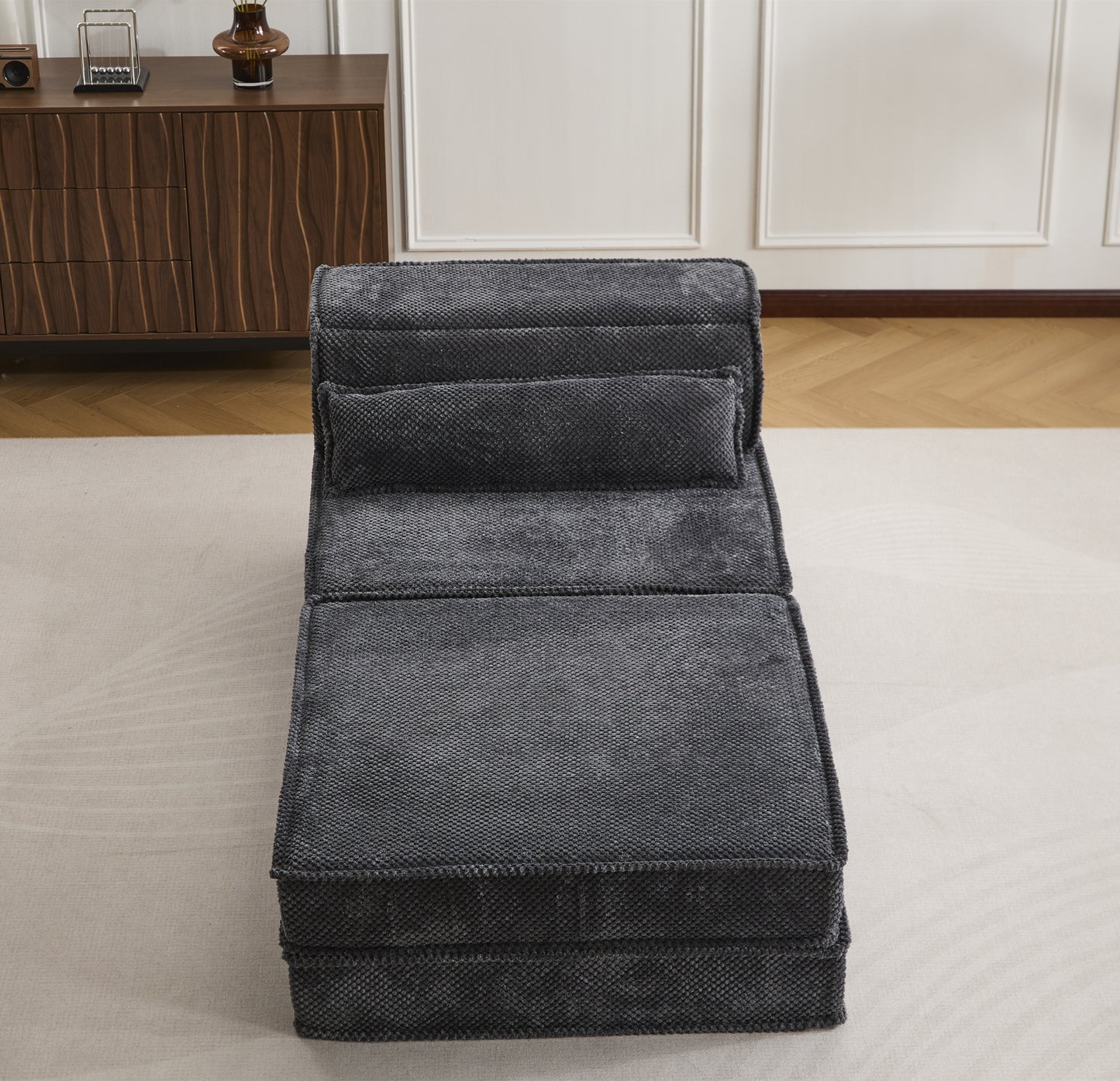 Compression Mahjong Sofa,Convertible Floor Sofa Bed,DIY Boneless Modular Sectional Sofa,No Assembly Required,Circle Fleece Fabric,Oversized Single Seater With 1 Pillow And 1 Ottoman,Dark-grey