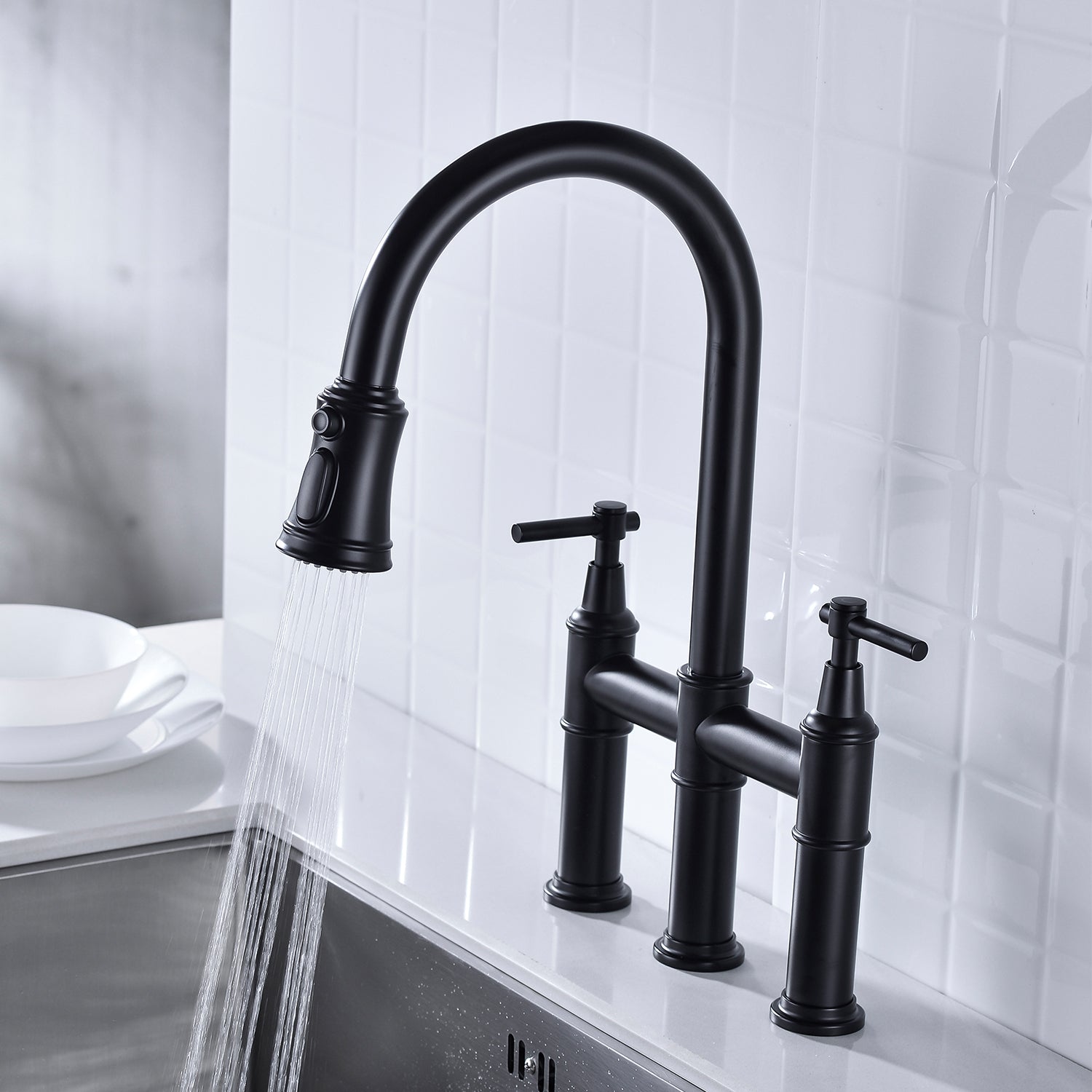 Matte Black Dual-Handle Kitchen Faucet