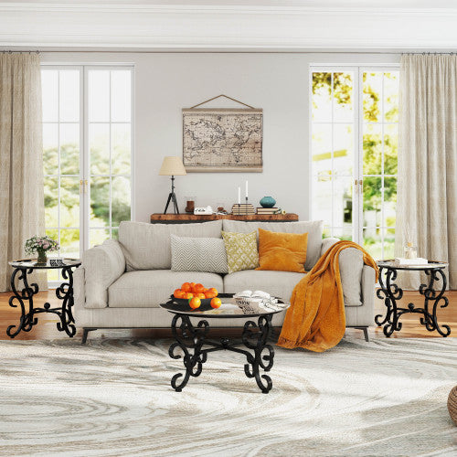 3 Piece Tempered Glass Surface Coffee Table Set Decor Coffee Table