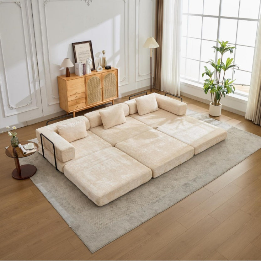 Compression Sofa,Convertible Floor Sofa Bed With Fixed-Shape Frame, Boneless Modular Sectional Sofa,No Assembly Required,Chenille Fabric,for Living Room Bedroom,Beige