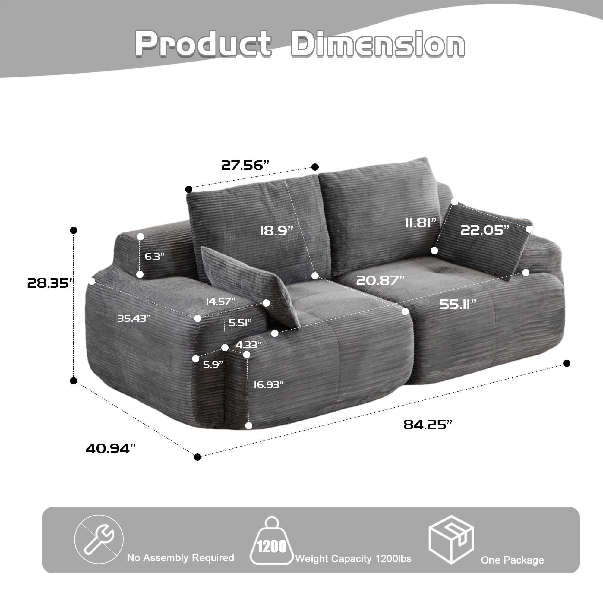 Grey Corduroy Loveseat Sofa