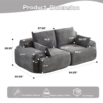 Modern Memory Foam Compressed Sofa,2 Seater Large Sectional Couches For Living Room,Pet-Friendly Cloud Modular Sectional Sofa,Corduroy Fabric,Extra Deep Loveseat,No Assembly Required, Grey