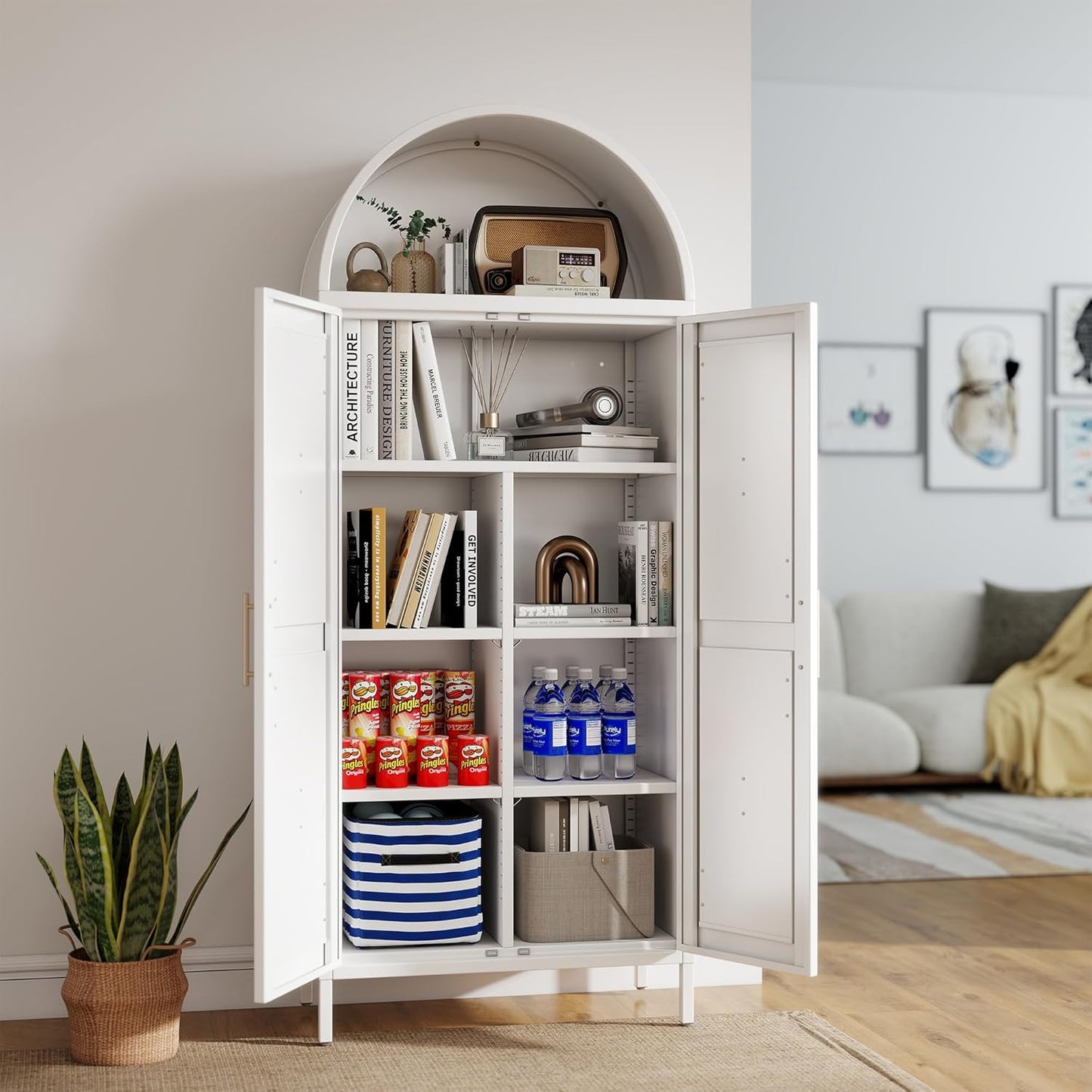 White Kitchen Pantry Cabinet, Arched Storage Cabinet With Doors And Adjustable Shelves, Tall Freestanding Cupboard For Laundry, Dining Room, Living Room, Bathroom