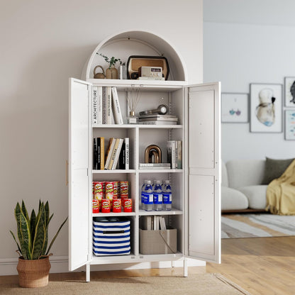White Kitchen Pantry Cabinet, Arched Storage Cabinet With Doors And Adjustable Shelves, Tall Freestanding Cupboard For Laundry, Dining Room, Living Room, Bathroom