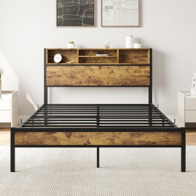 Full Size Bed Frame With Storage Headboard, Metal Platform Bed With Charging Station, Bookcase Storage, No Box Spring Needed, Easy Assembly, Noise-Free, Black