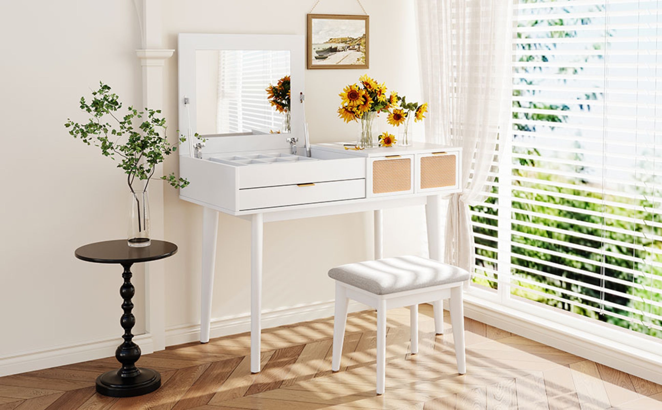 Wood Makeup Vanity Set Flip-Top Mirror Bedroom