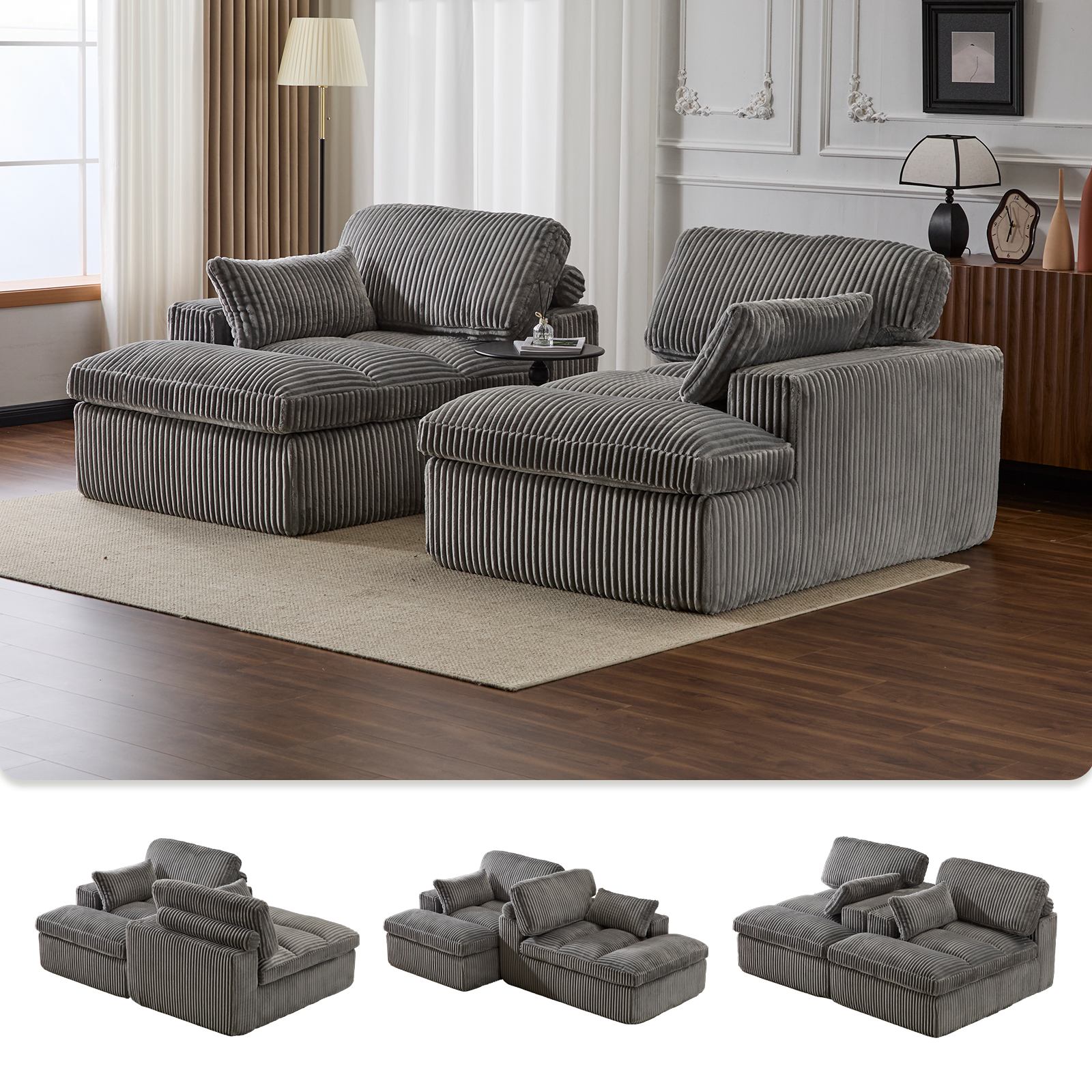 Grey Corduroy Chaise Lounge Deep Seat Assembled