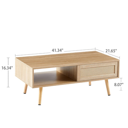 41.34 Inch Rattan Coffee Table, Sliding Door For Storage, Solid Wood Legs, Modern Living Room Table, Natural