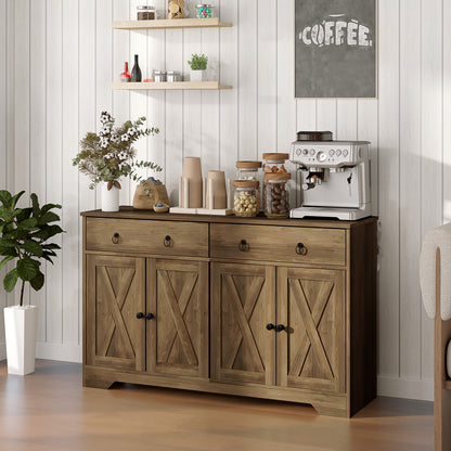 Kitchen Storage Sideboard, Farmhouse Buffet Cabinet With Barn Style Doors, Drawers, Adjustable Shelves, Light Brown